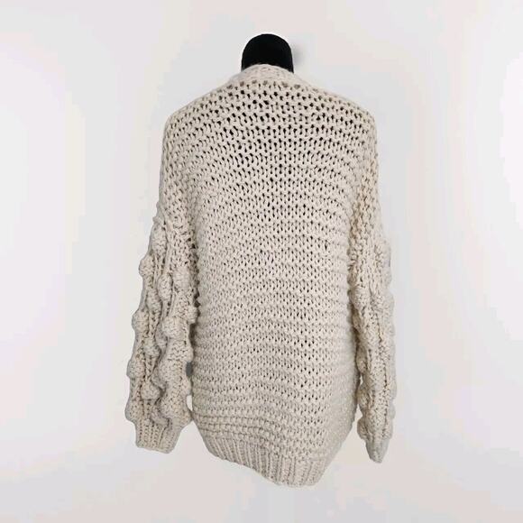 Amarillys Women's Chunky Knit Cardigan Pompom Balloon Sleeves Sweater Beige XS/S - Picture 4 of 6